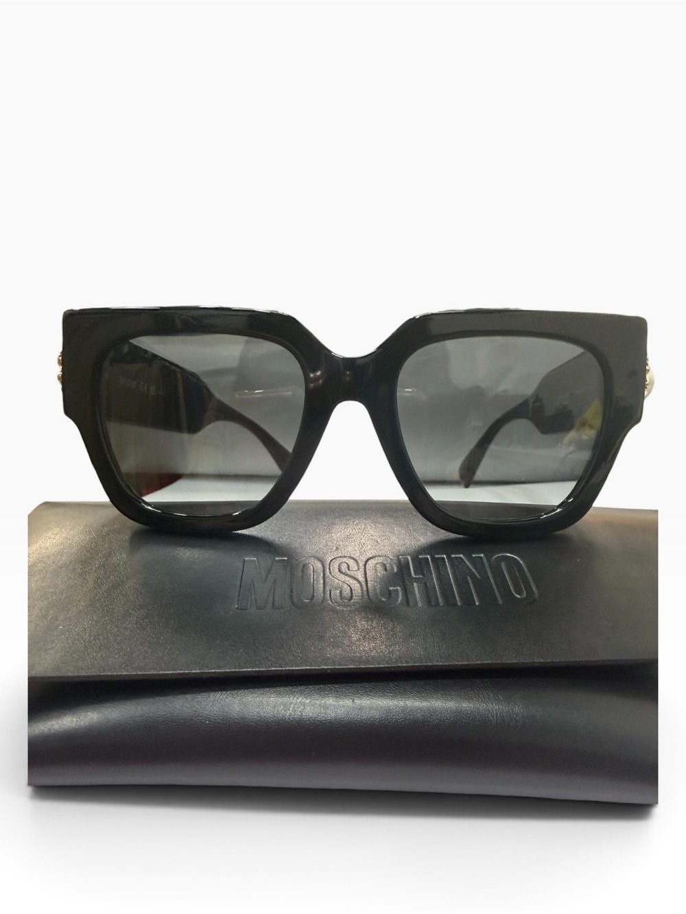 Moschino Women's Oversized Black Square Sunglasses w/ faux pearl detail